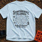 Planned To Be Spontaneous - T-Shirt in Chambray - A black and white illustration of a tangled, looping dotted path...