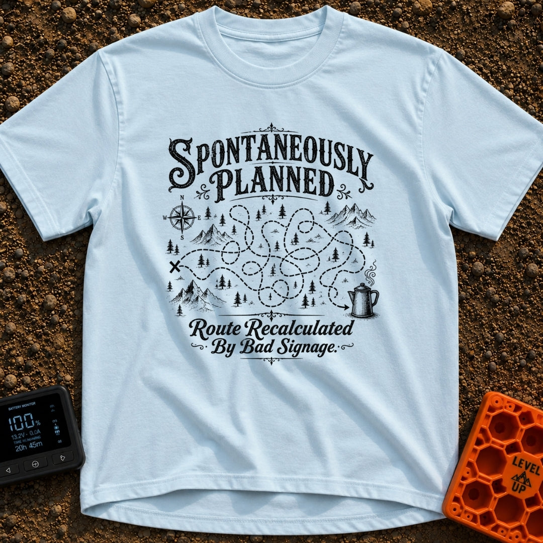 Planned To Be Spontaneous - T-Shirt in Chambray - A black and white illustration of a tangled, looping dotted path...