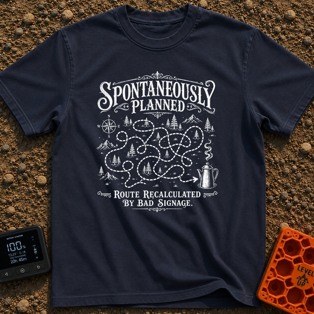 Planned To Be Spontaneous - T-Shirt in Navy - A black and white illustration of a tangled, looping dotted path winding...