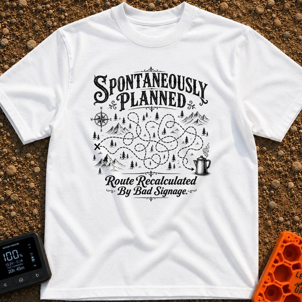 Planned To Be Spontaneous - T-Shirt in White - A black and white illustration of a tangled, looping dotted path winding...