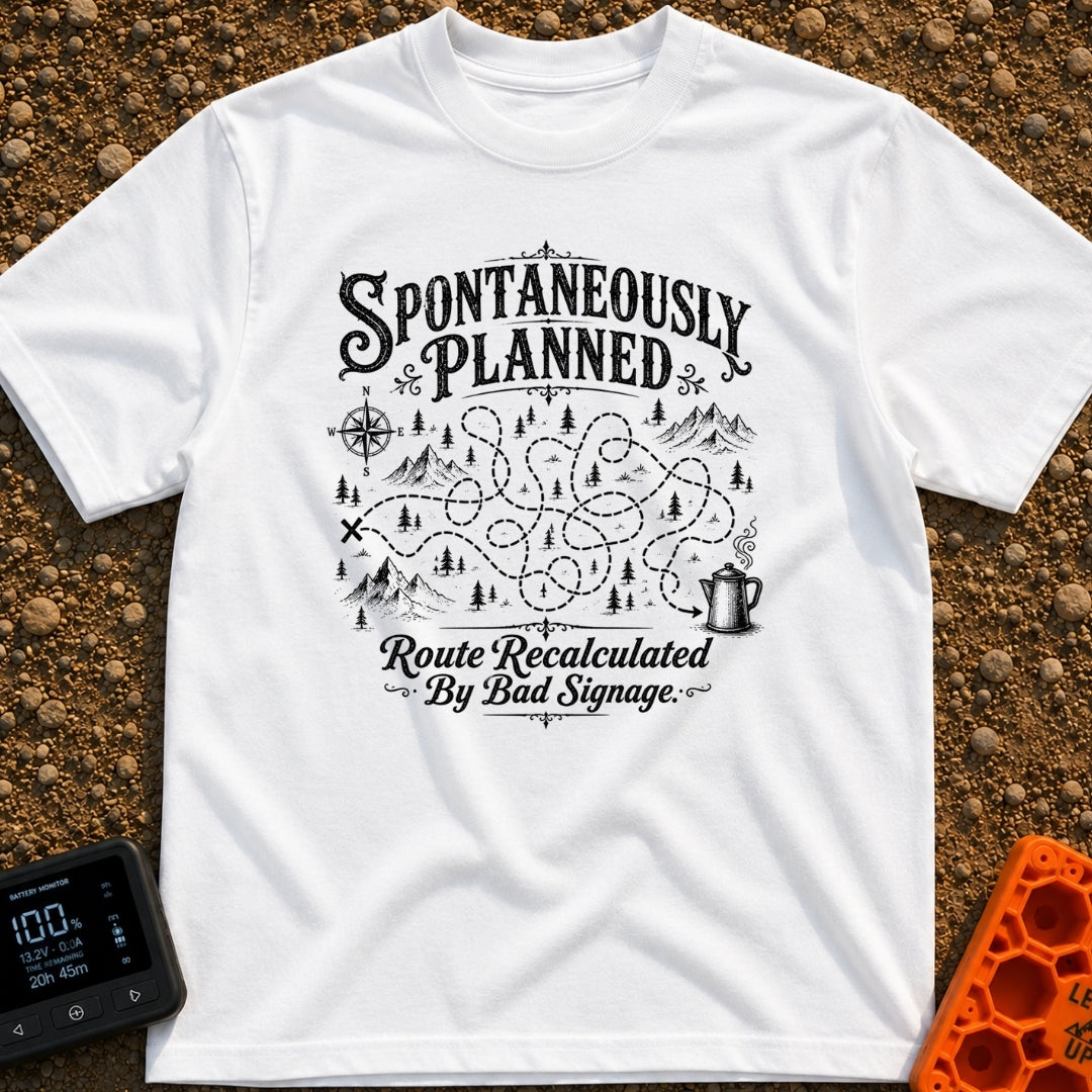 Planned To Be Spontaneous - T-Shirt in White - A black and white illustration of a tangled, looping dotted path winding...