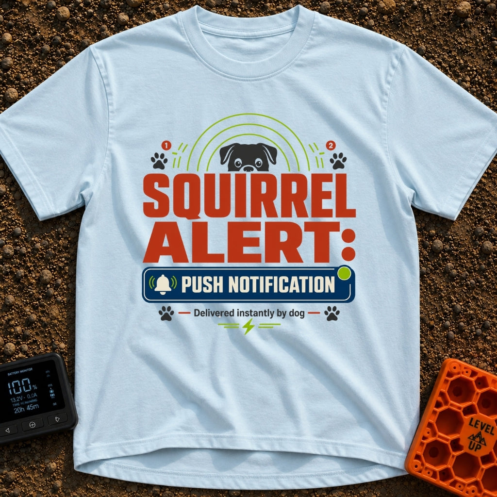 Squirrel Push Notification - T-Shirt in Chambray - A graphic featuring the top half of a dog's face peering over the...