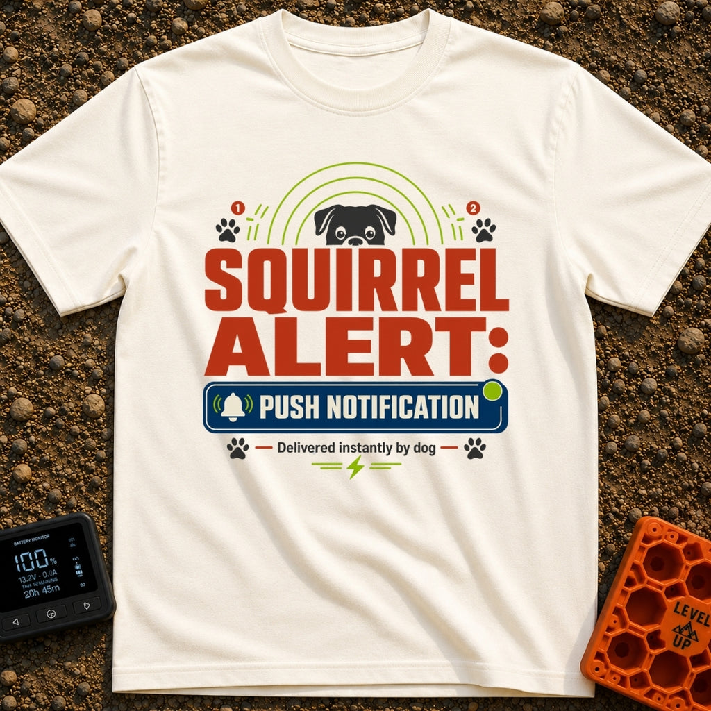 Squirrel Push Notification - T-Shirt in Ivory - A graphic featuring the top half of a dog's face peering over the large...