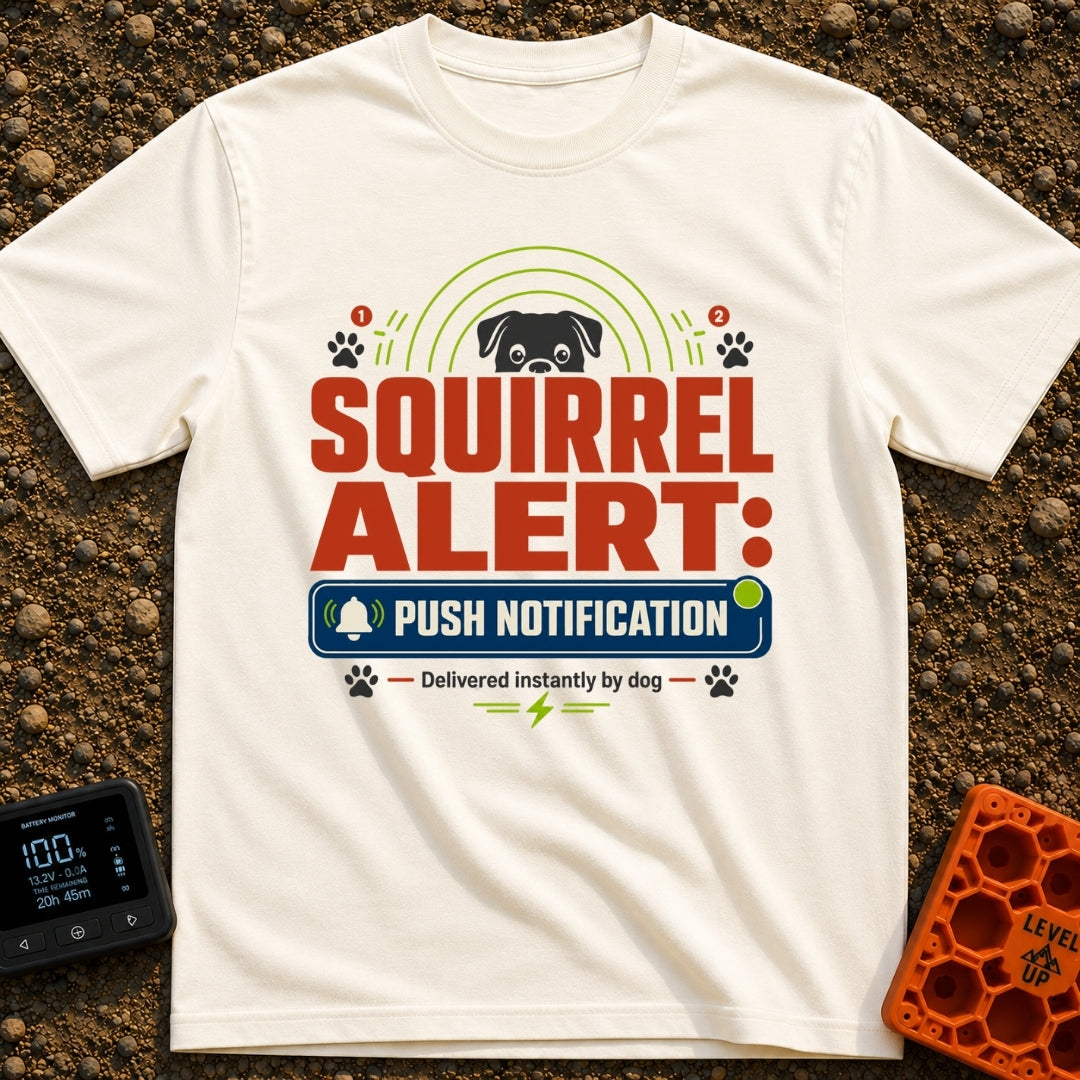 Squirrel Push Notification - T-Shirt in Ivory - A graphic featuring the top half of a dog's face peering over the large...