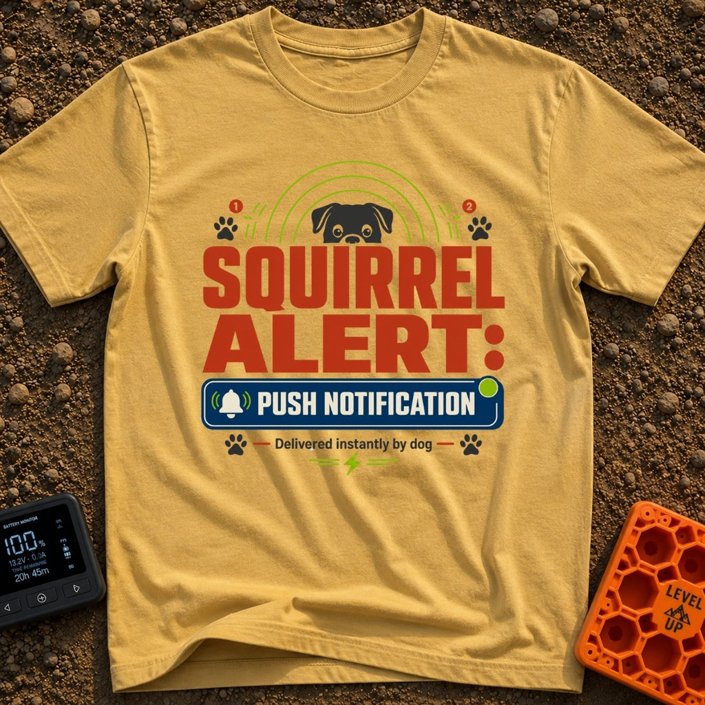 Squirrel Push Notification - T-Shirt in Mustard - A graphic featuring the top half of a dog's face peering over the large...