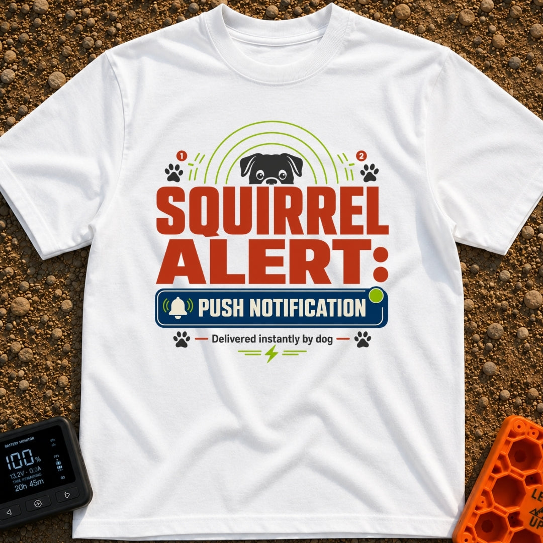 Squirrel Push Notification - T-Shirt in White - A graphic featuring the top half of a dog's face peering over the large...