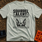 On High Squirrel Alert - T-Shirt in Bay - A black-and-white illustration showing the top half of a dog's face with pointy...
