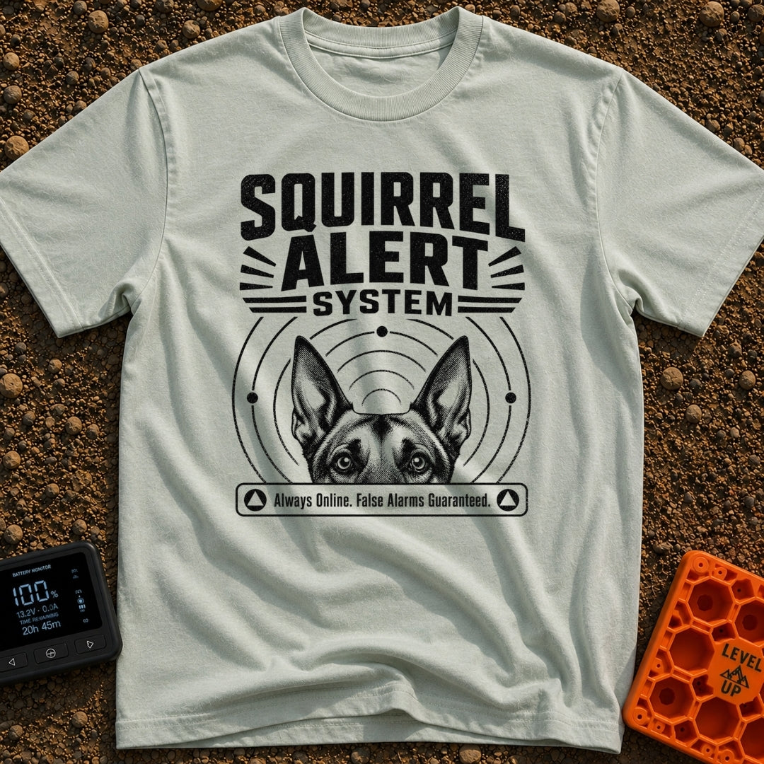 On High Squirrel Alert - T-Shirt in Bay - A black-and-white illustration showing the top half of a dog's face with pointy...