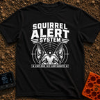 On High Squirrel Alert - T-Shirt in Black - A black-and-white illustration showing the top half of a dog's face with...