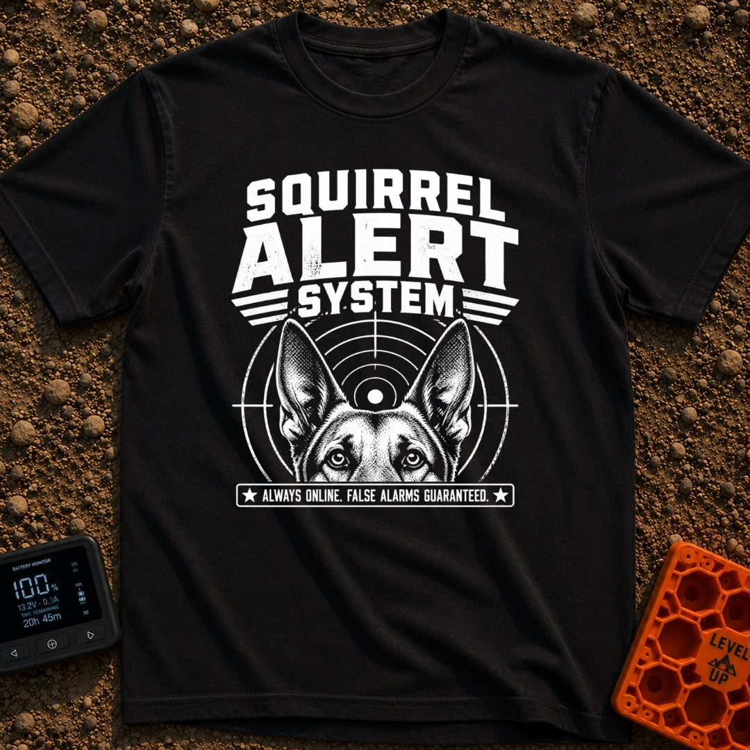 On High Squirrel Alert - T-Shirt in Black - A black-and-white illustration showing the top half of a dog's face with...