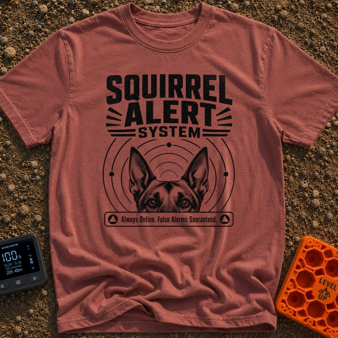 On High Squirrel Alert - T-Shirt in Brick - A black-and-white illustration showing the top half of a dog's face with...