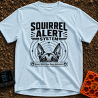 On High Squirrel Alert - T-Shirt in Chambray - A black-and-white illustration showing the top half of a dog's face with...