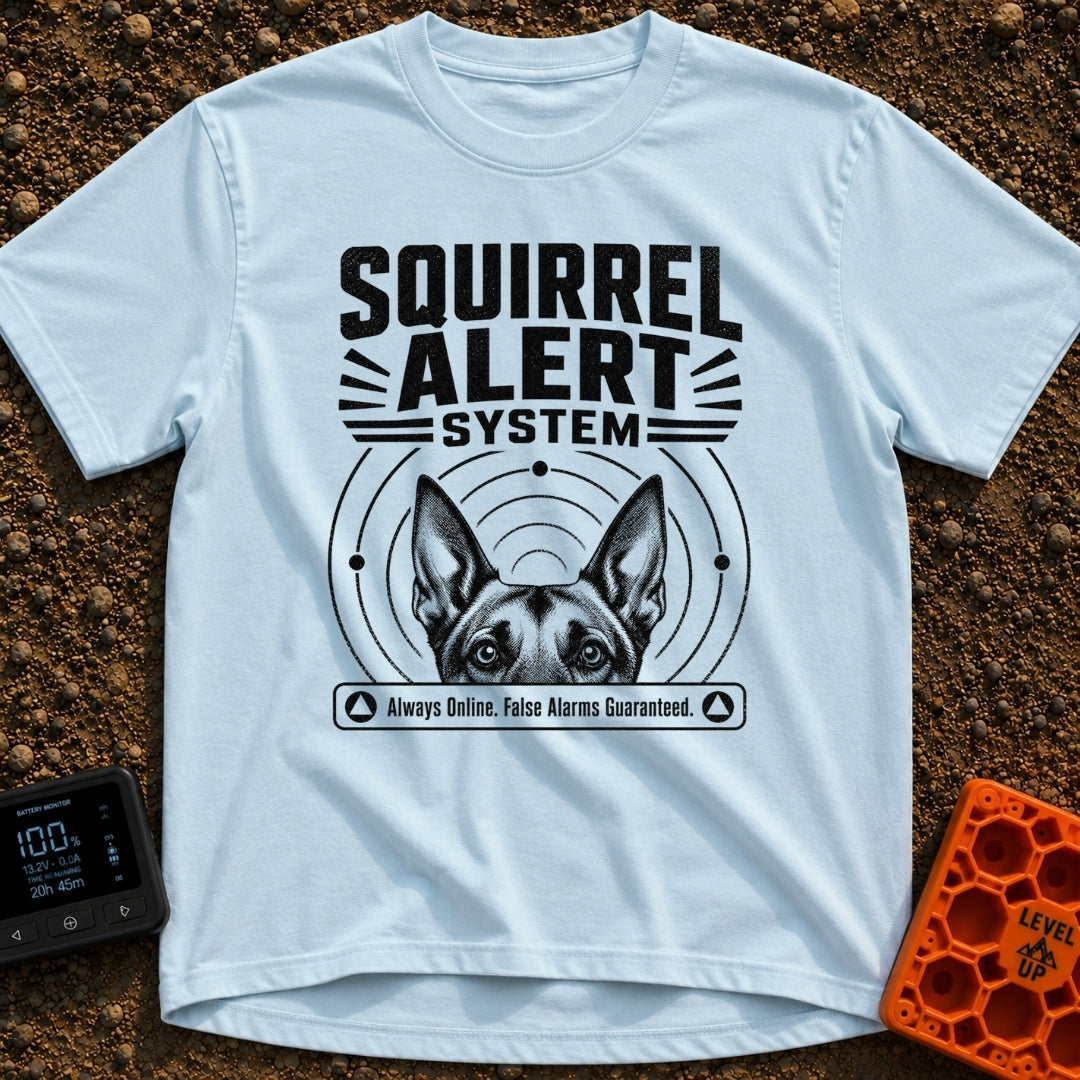 On High Squirrel Alert - T-Shirt in Chambray - A black-and-white illustration showing the top half of a dog's face with...