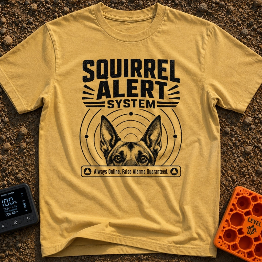 On High Squirrel Alert - T-Shirt in Mustard - A black-and-white illustration showing the top half of a dog's face with...