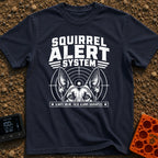 On High Squirrel Alert - T-Shirt in Navy - A black-and-white illustration showing the top half of a dog's face with...