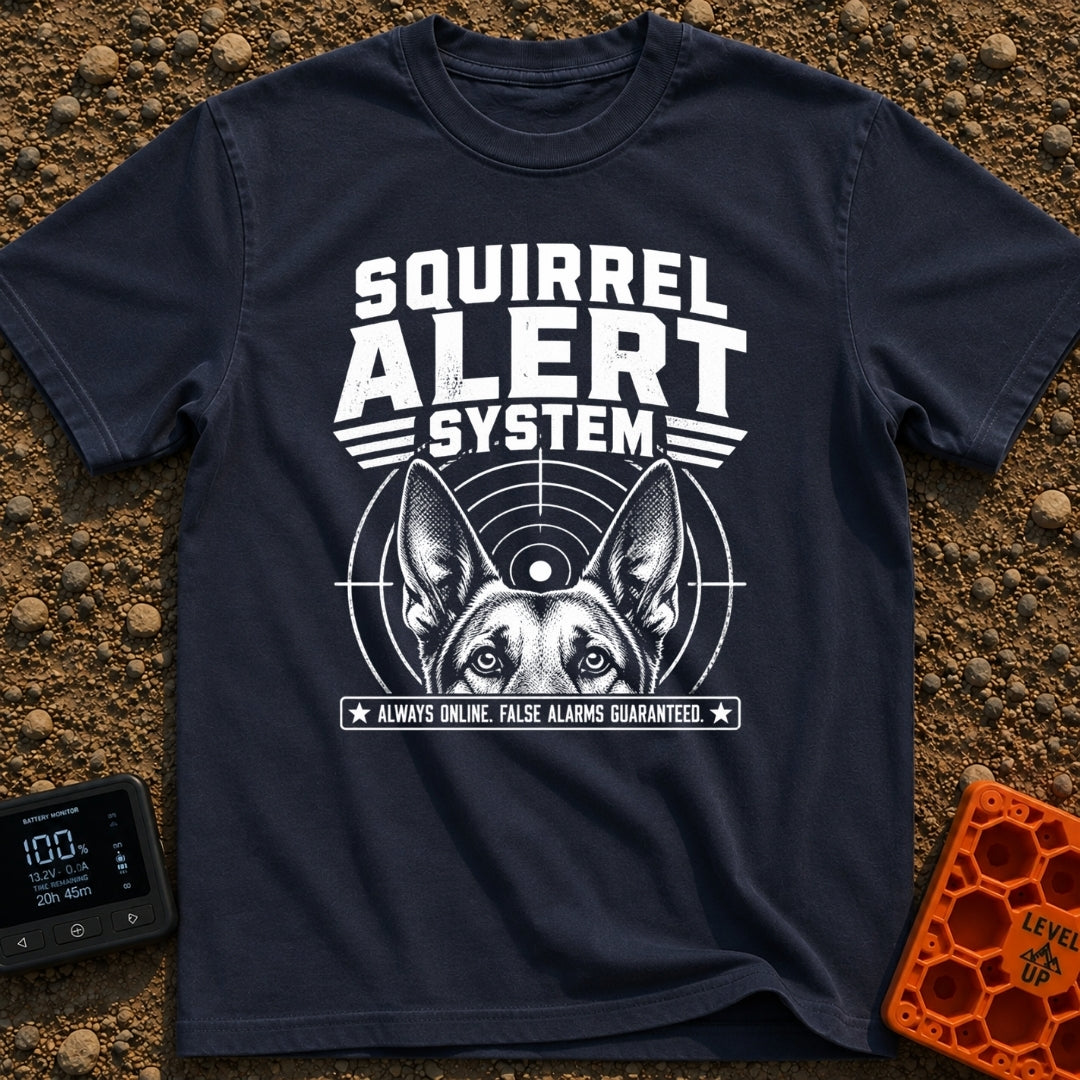 On High Squirrel Alert - T-Shirt in Navy - A black-and-white illustration showing the top half of a dog's face with...
