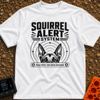 On High Squirrel Alert - T-Shirt in White - A black-and-white illustration showing the top half of a dog's face with...