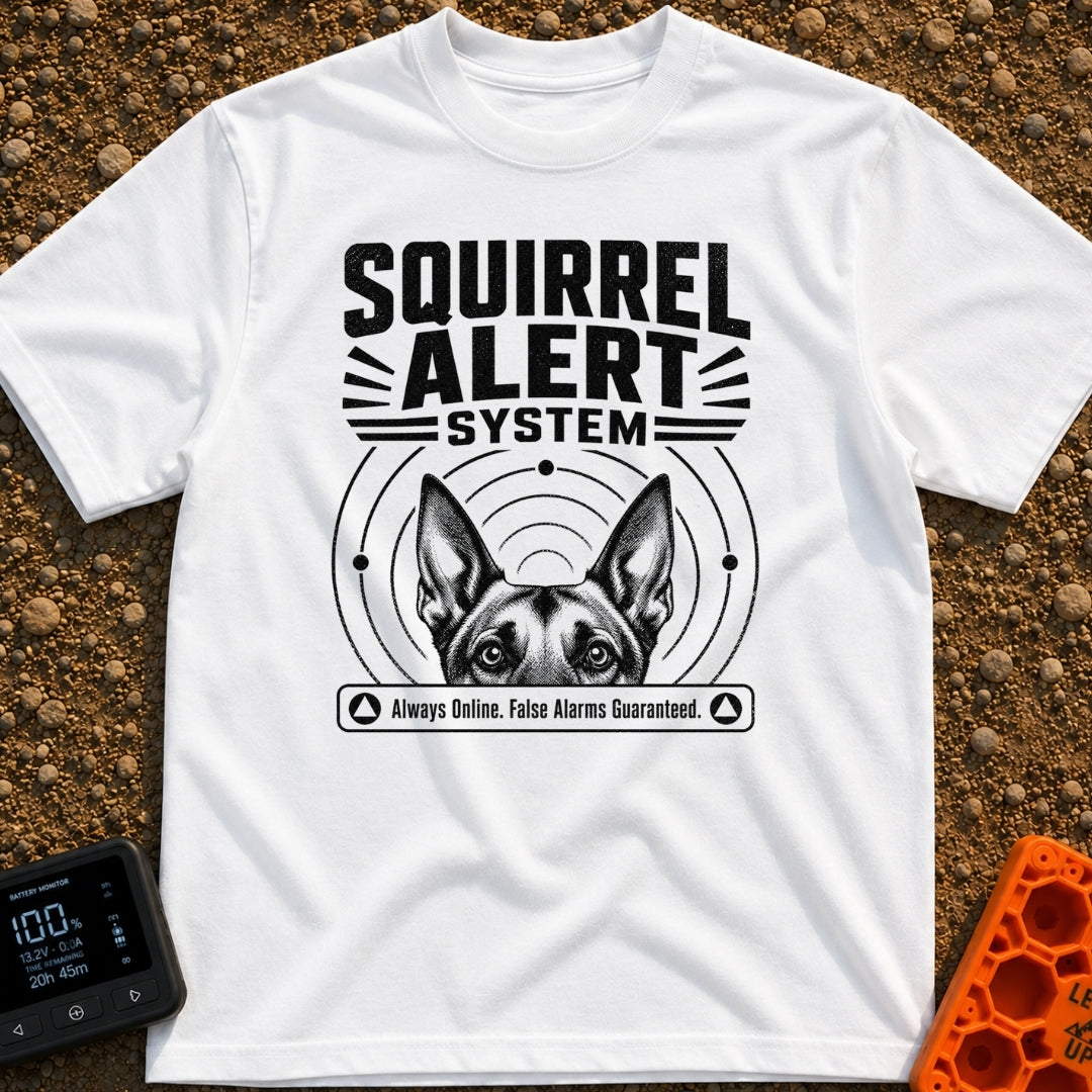On High Squirrel Alert - T-Shirt in White - A black-and-white illustration showing the top half of a dog's face with...
