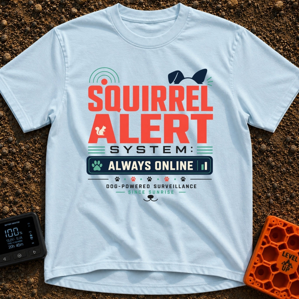Squirrel Alert System - T-Shirt in Chambray - Typographic design reading "SQUIRREL ALERT SYSTEM: ALWAYS ONLINE" and...