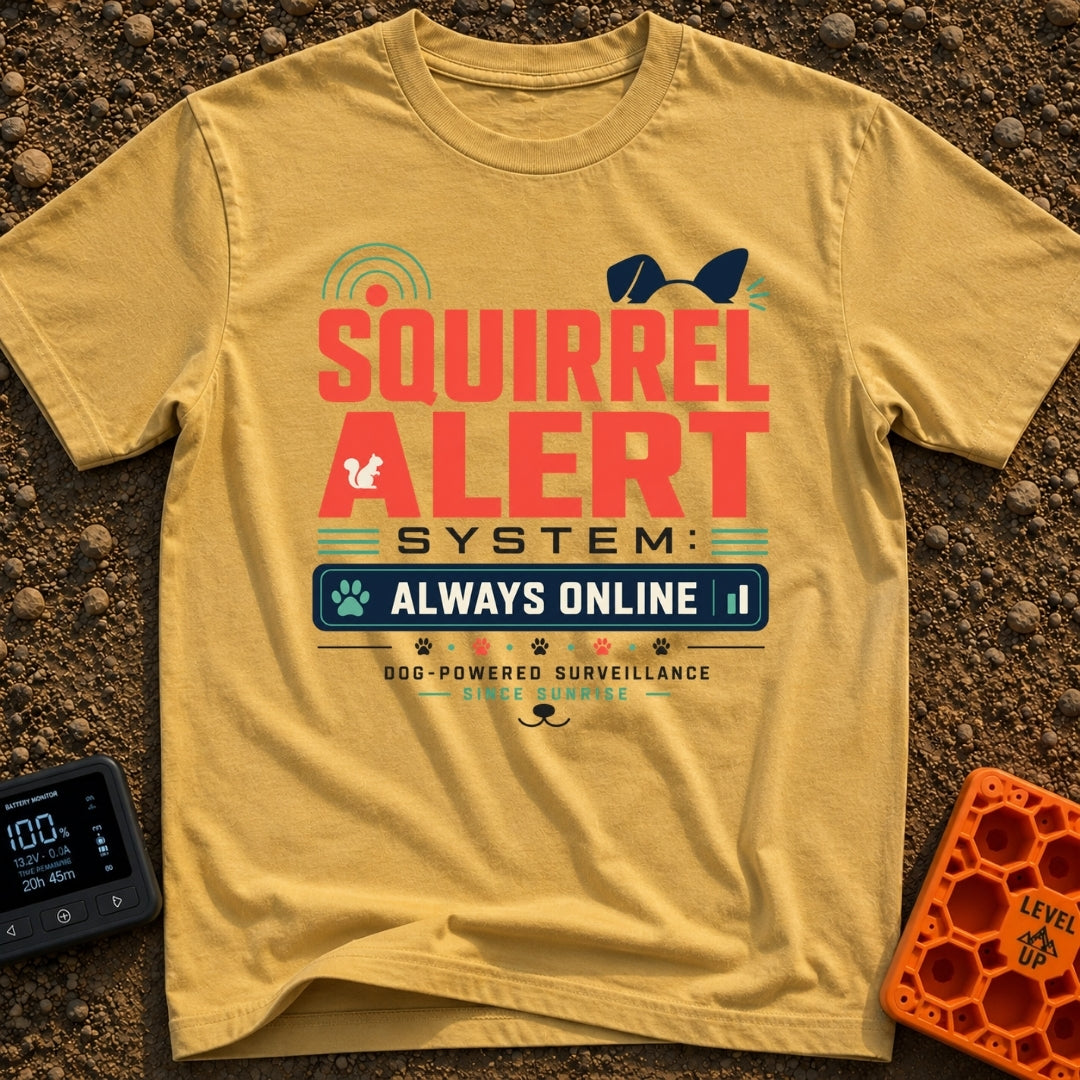 Squirrel Alert System - T-Shirt in Mustard - Typographic design reading "SQUIRREL ALERT SYSTEM: ALWAYS ONLINE" and...