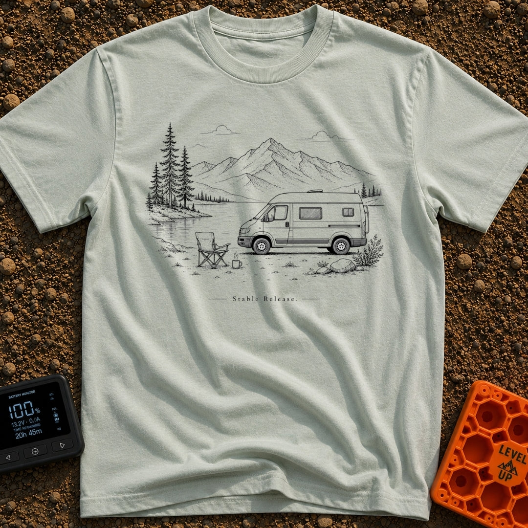 Latest Stable Release - T-Shirt in Bay - A black and white line drawing of a camper van parked beside a lake, with an...