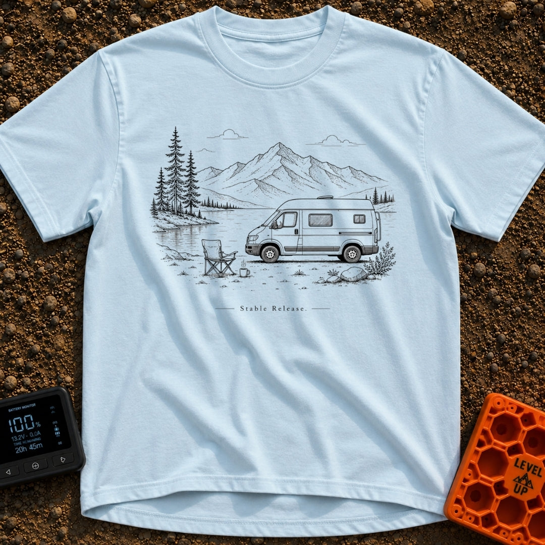 Latest Stable Release - T-Shirt in Chambray - A black and white line drawing of a camper van parked beside a lake, with...