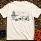 Latest Stable Release - T-Shirt in Ivory - A black and white line drawing of a camper van parked beside a lake, with an...