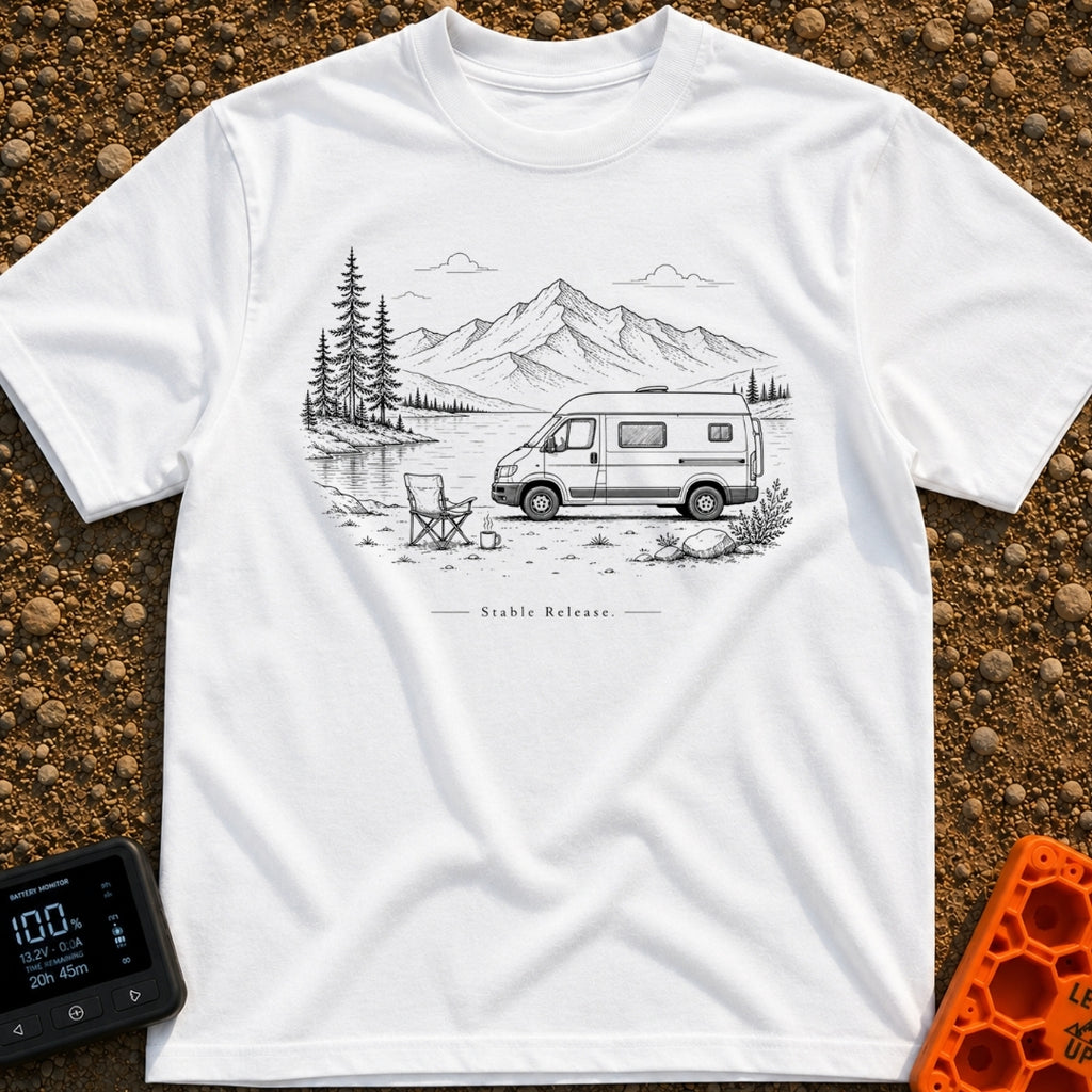 Latest Stable Release - T-Shirt in White - A black and white line drawing of a camper van parked beside a lake, with an...