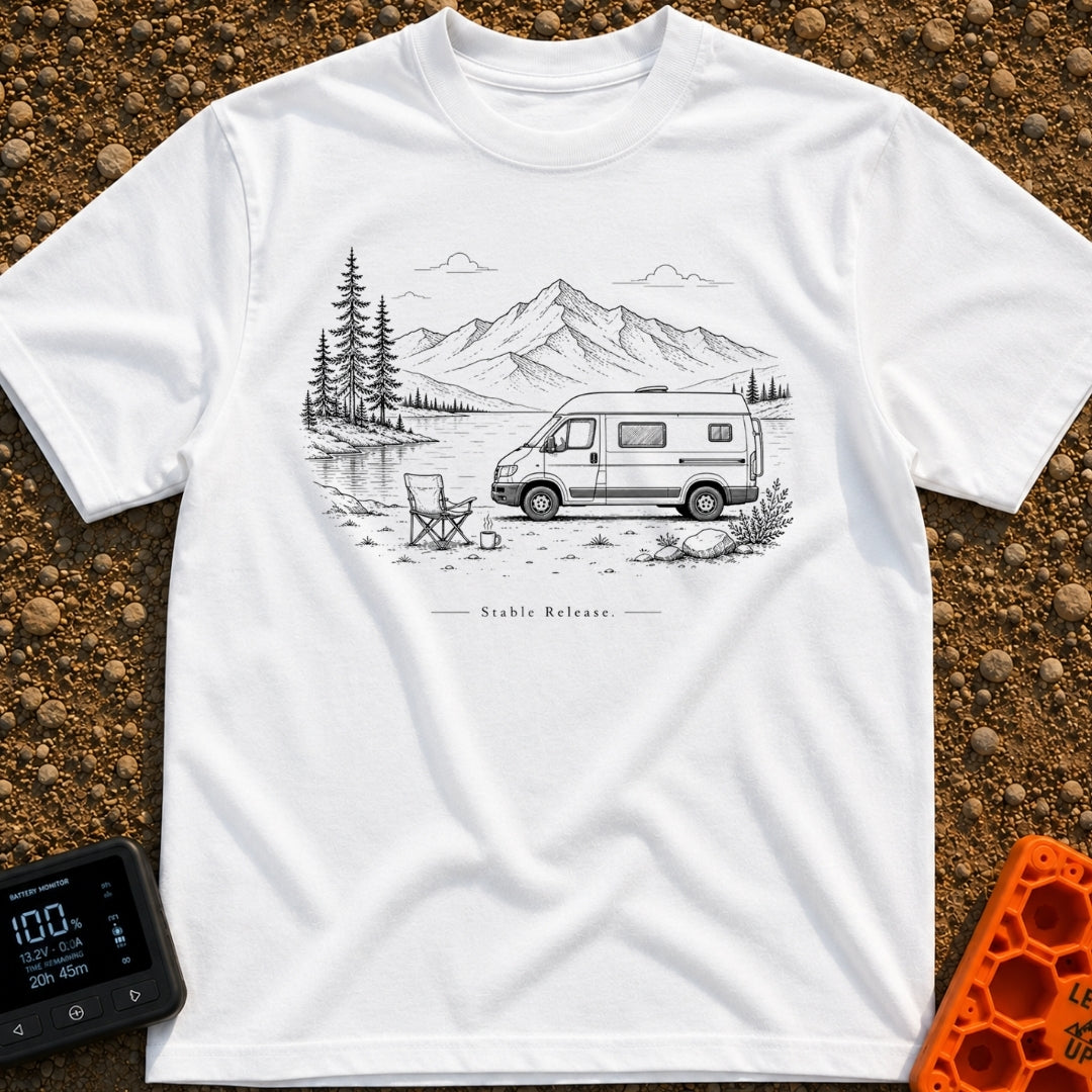 Latest Stable Release - T-Shirt in White - A black and white line drawing of a camper van parked beside a lake, with an...