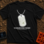 Standard Issue Freedom - T-Shirt in Black - A line-art illustration of a military dog tag hanging from a beaded chain,...