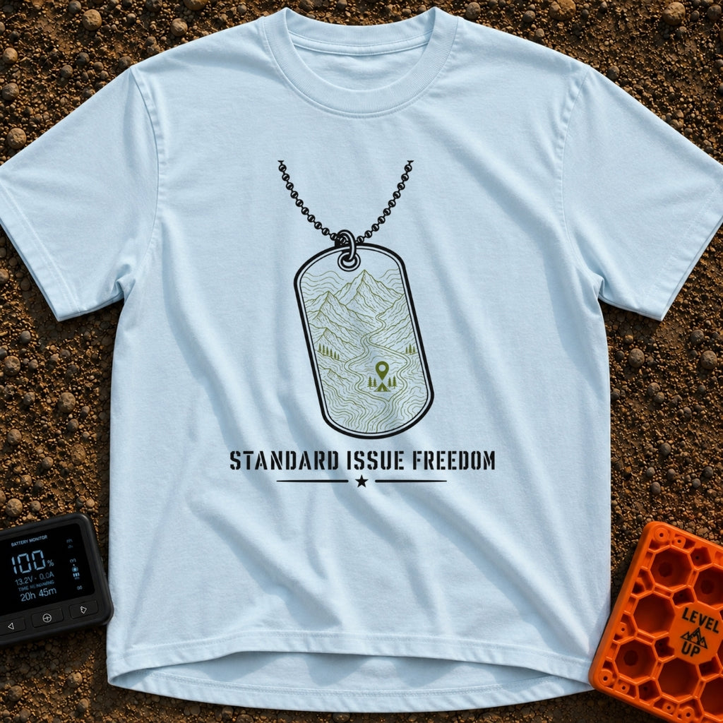 Standard Issue Freedom - T-Shirt in Chambray - A line-art illustration of a military dog tag hanging from a beaded chain,...