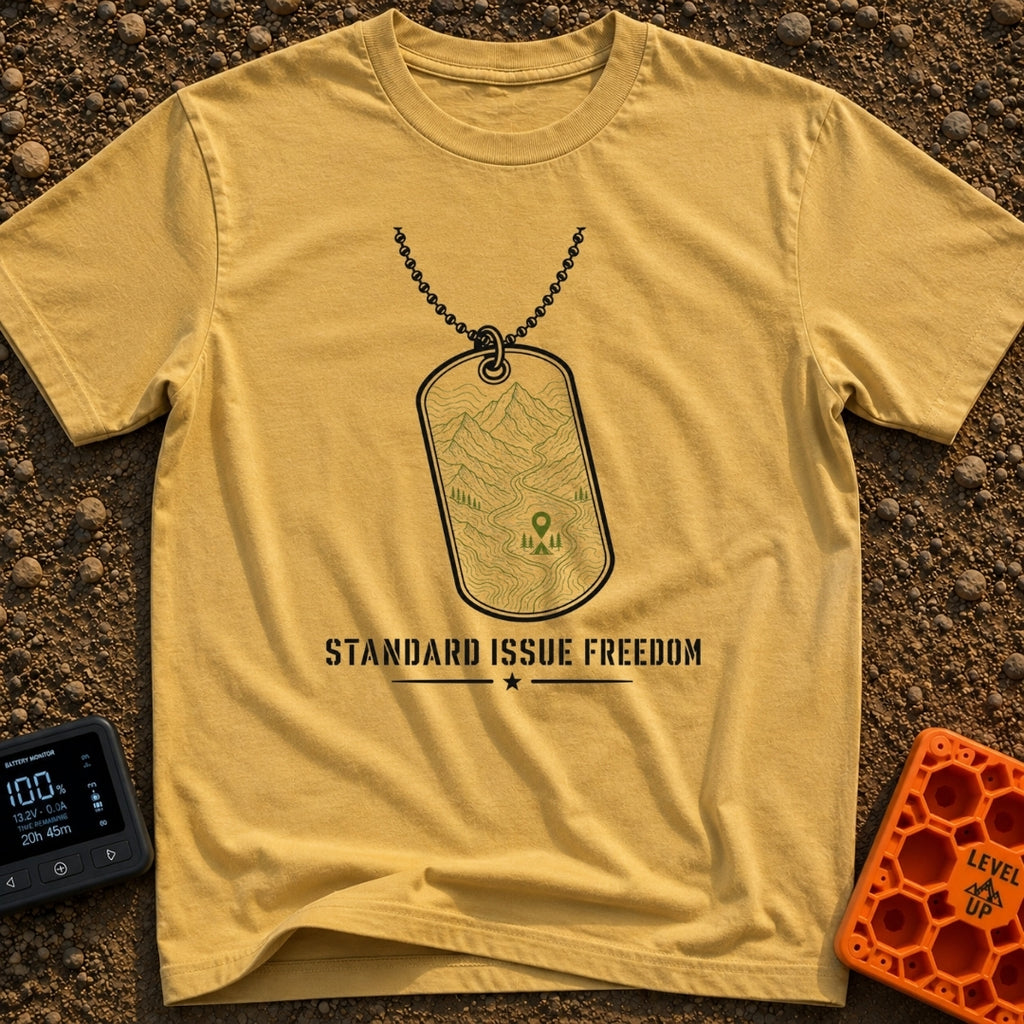 Standard Issue Freedom - T-Shirt in Mustard - A line-art illustration of a military dog tag hanging from a beaded chain,...