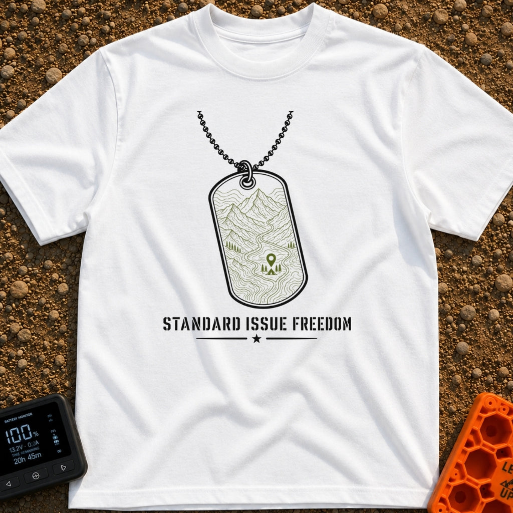 Standard Issue Freedom - T-Shirt in White - A line-art illustration of a military dog tag hanging from a beaded chain,...