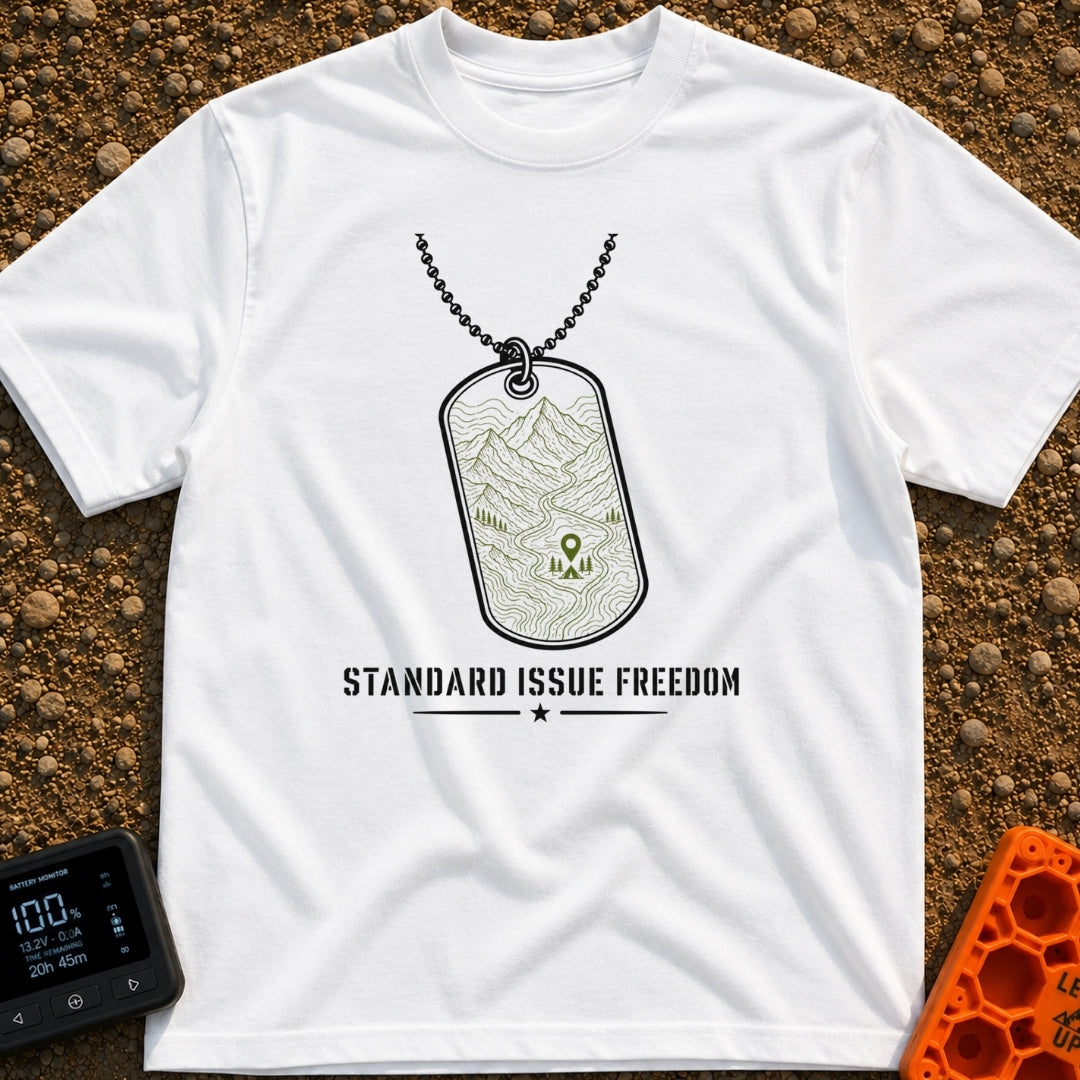 Standard Issue Freedom - T-Shirt in White - A line-art illustration of a military dog tag hanging from a beaded chain,...