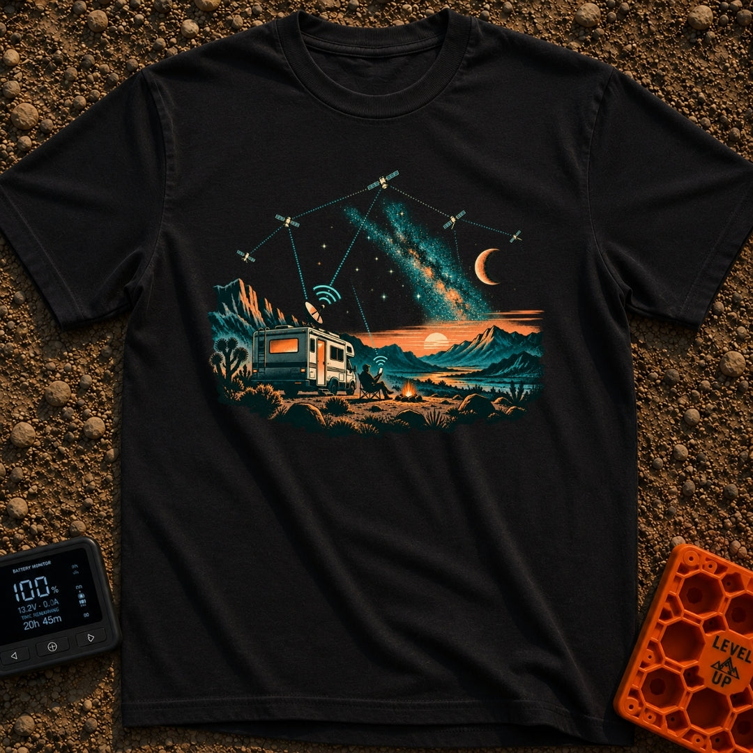 Stars Stripes And RVs - T-Shirt in Black - An illustration of an RV parked in a desert landscape at dusk under a starry...