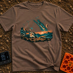 Stars Stripes And RVs - T-Shirt in Espresso - An illustration of an RV parked in a desert landscape at dusk under a...
