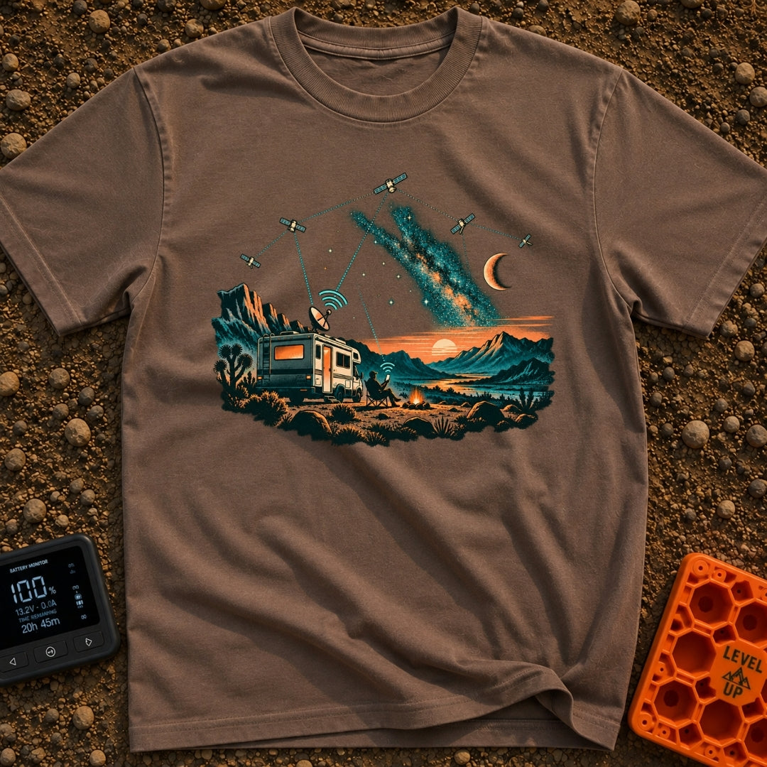 Stars Stripes And RVs - T-Shirt in Espresso - An illustration of an RV parked in a desert landscape at dusk under a...