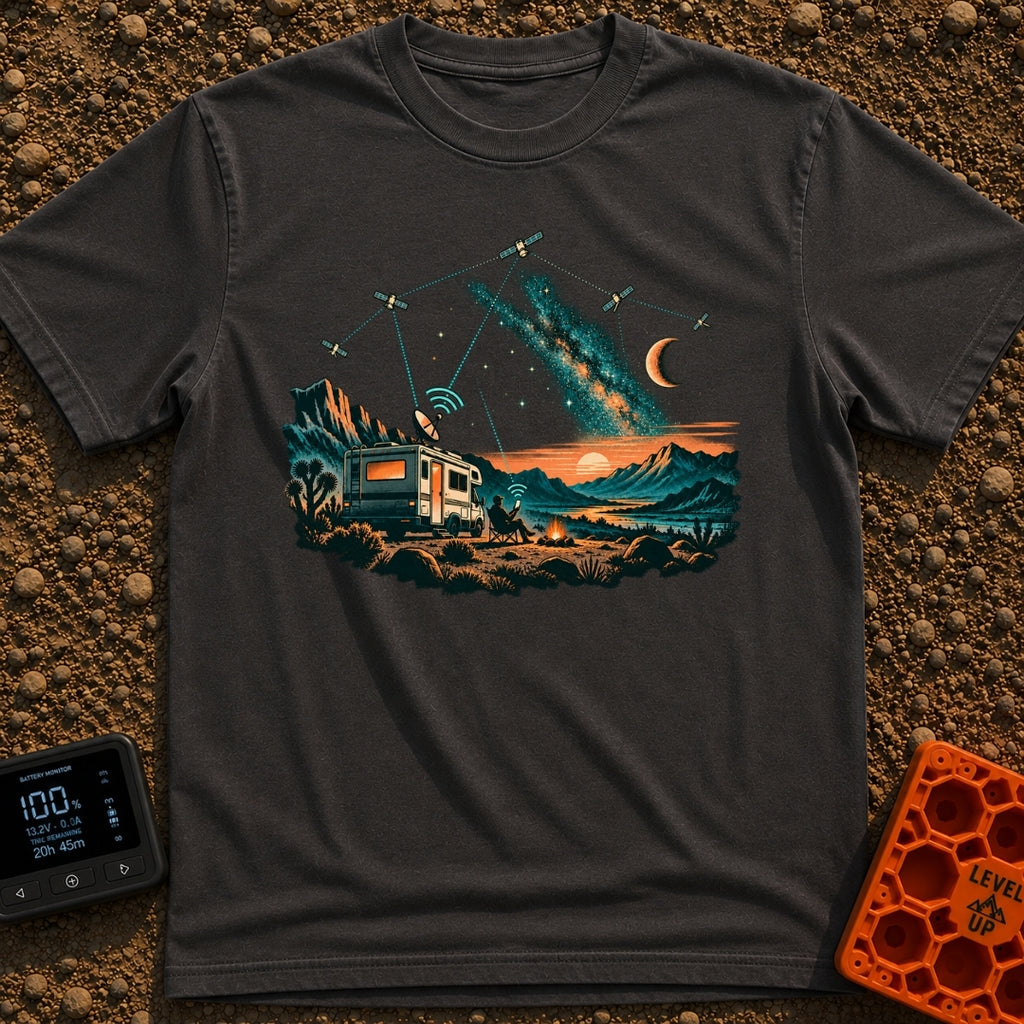 Stars Stripes And RVs - T-Shirt in Graphite - An illustration of an RV parked in a desert landscape at dusk under a...