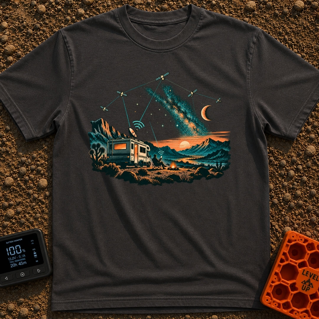 Stars Stripes And RVs - T-Shirt in Graphite - An illustration of an RV parked in a desert landscape at dusk under a...