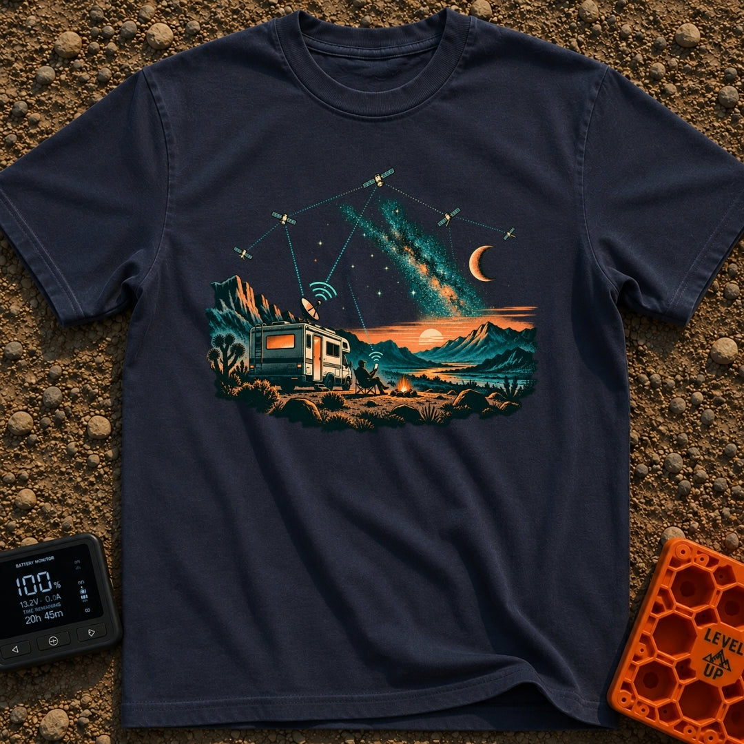 Stars Stripes And RVs - T-Shirt in Navy - An illustration of an RV parked in a desert landscape at dusk under a starry...