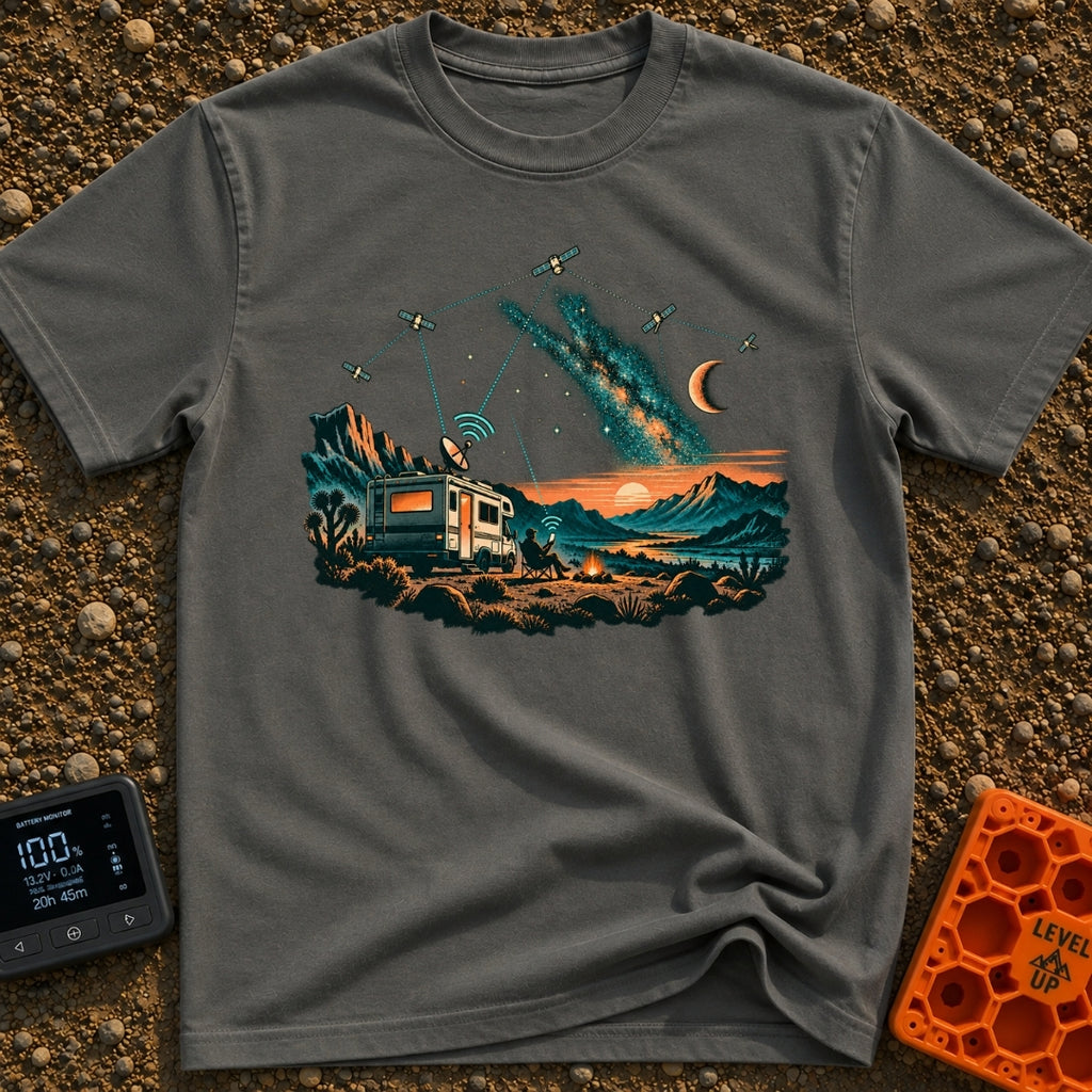 Stars Stripes And RVs - T-Shirt in Pepper - An illustration of an RV parked in a desert landscape at dusk under a starry...