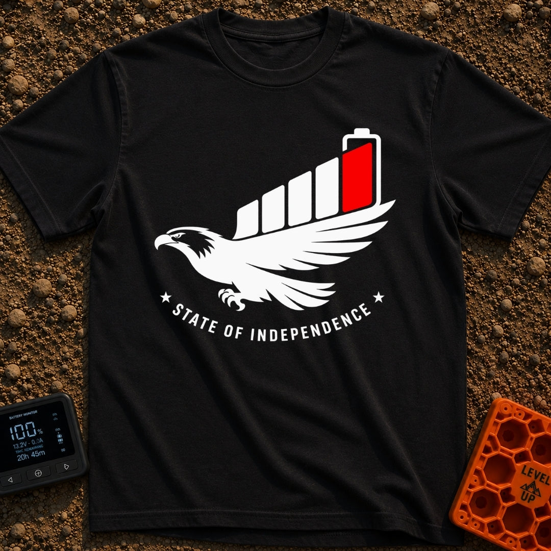 Eagle Charge Freedom - T-Shirt in Black - A black and white graphic of a flying bald eagle whose upper wing transitions...