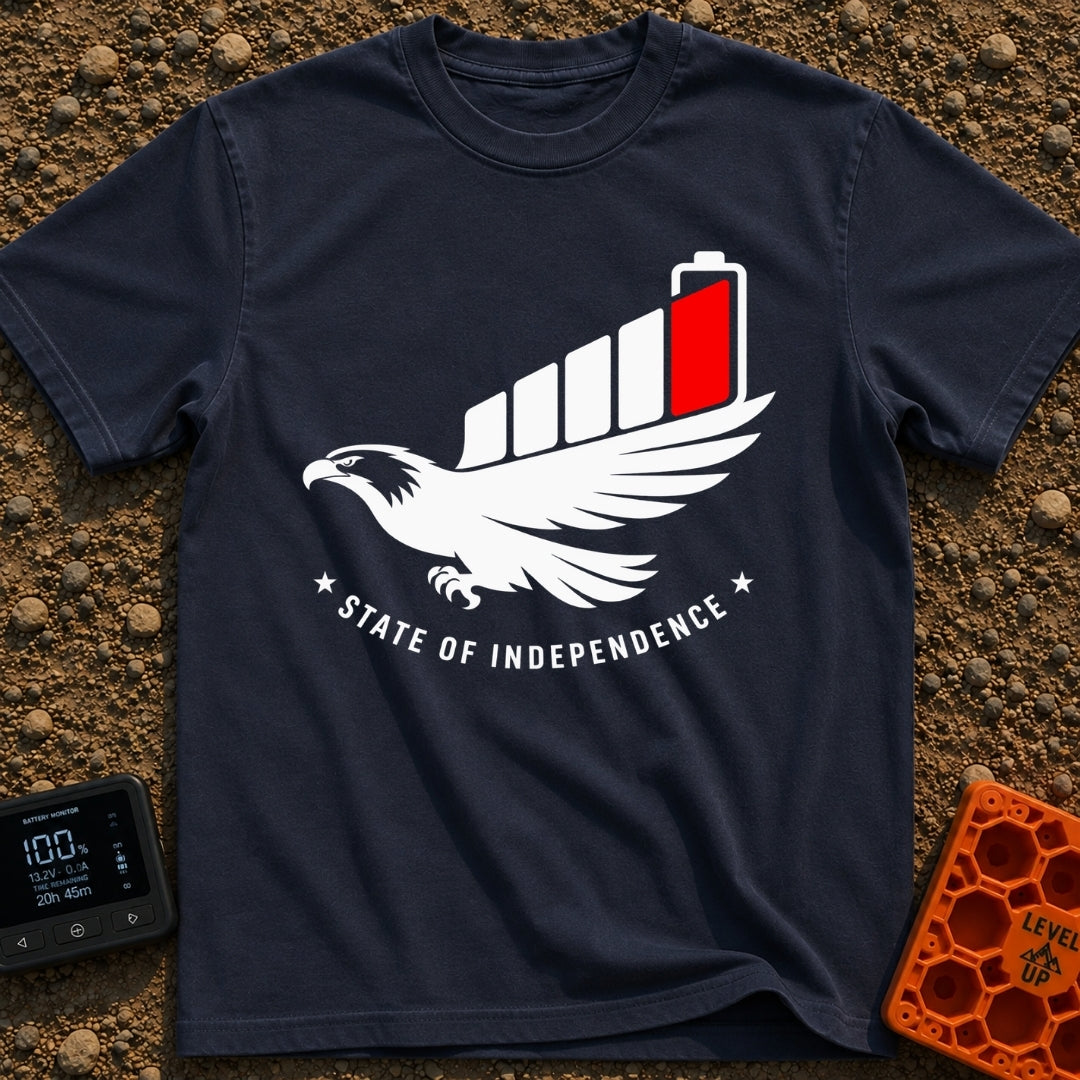 Eagle Charge Freedom - T-Shirt in Navy - A black and white graphic of a flying bald eagle whose upper wing transitions...