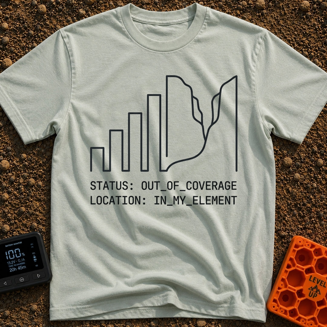 Signal Lost, Adventure On - T-Shirt in Bay - A minimalist black line drawing that transitions from ascending cell phone...