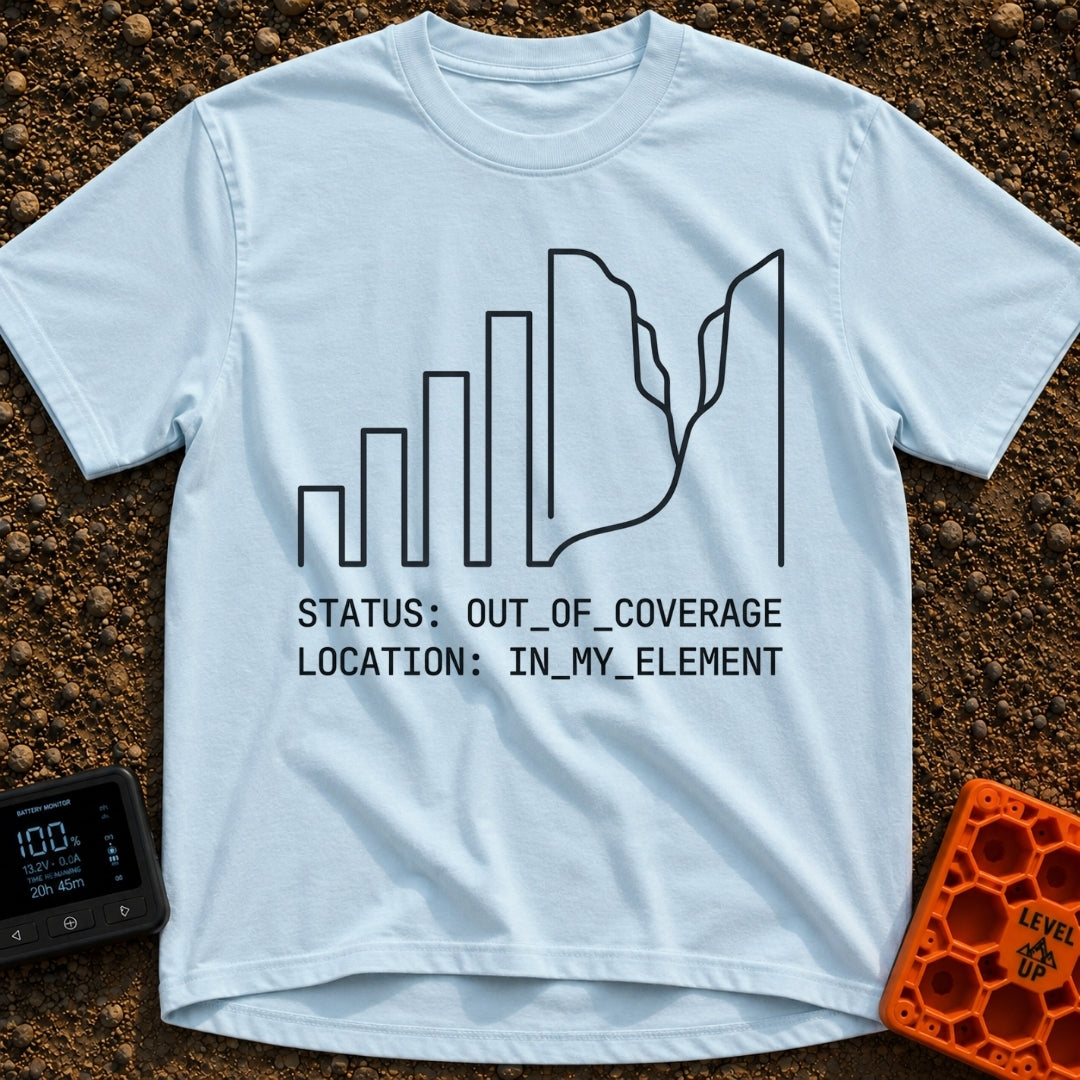 Signal Lost, Adventure On - T-Shirt in Chambray - A minimalist black line drawing that transitions from ascending cell...