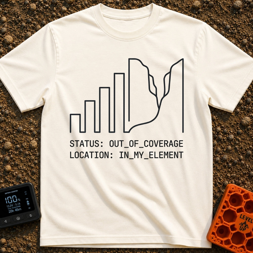 Signal Lost, Adventure On - T-Shirt in Ivory - A minimalist black line drawing that transitions from ascending cell phone...