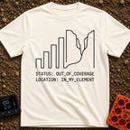 Signal Lost, Adventure On - T-Shirt in Ivory - A minimalist black line drawing that transitions from ascending cell phone...