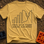 Signal Lost, Adventure On - T-Shirt in Mustard - A minimalist black line drawing that transitions from ascending cell...