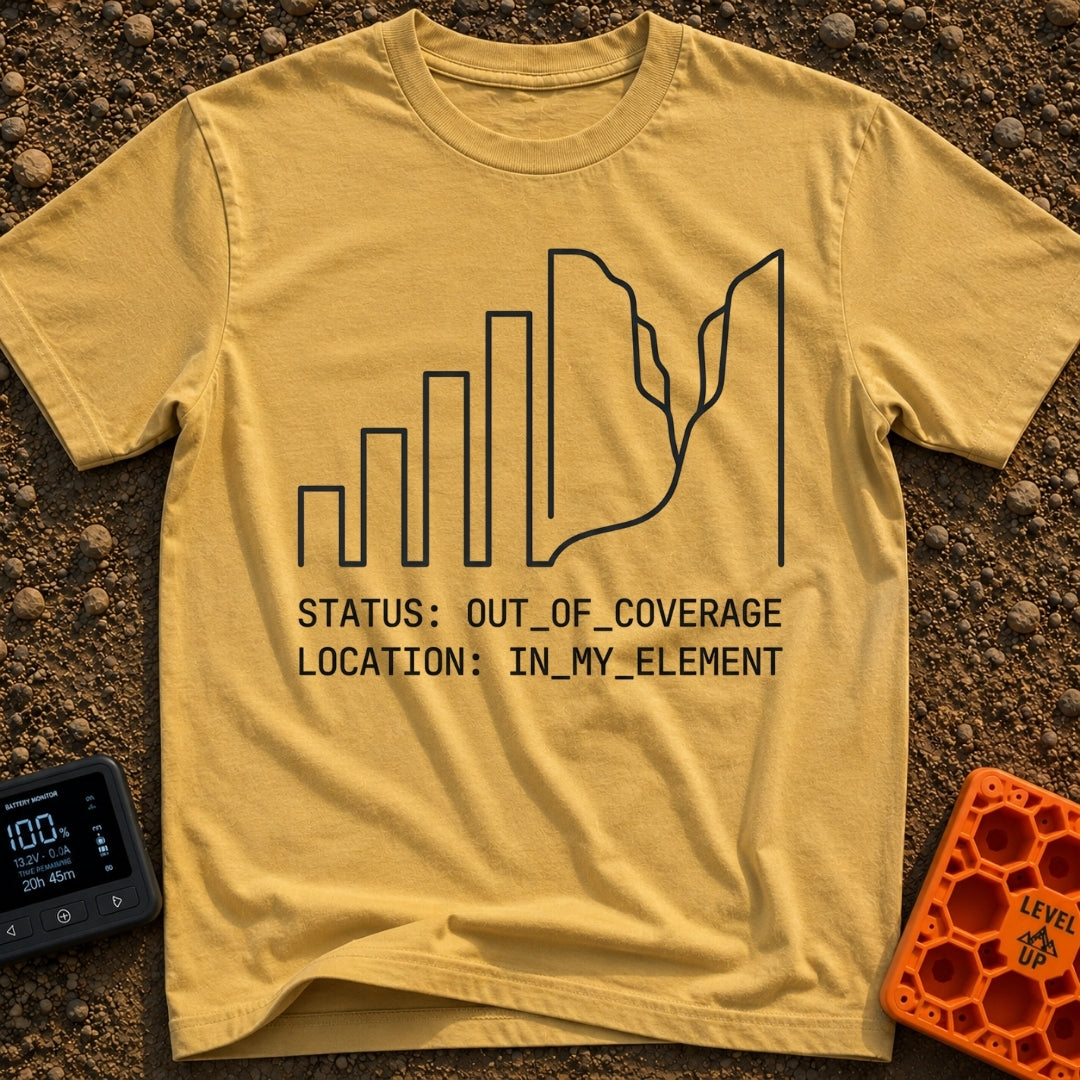 Signal Lost, Adventure On - T-Shirt in Mustard - A minimalist black line drawing that transitions from ascending cell...