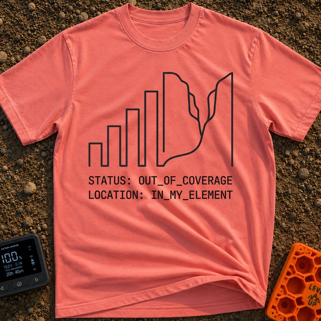 Signal Lost, Adventure On - T-Shirt in Watermelon - A minimalist black line drawing that transitions from ascending cell...